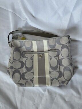 Coach Signature Stripe Canvas Shoulder Bag in Light Gray